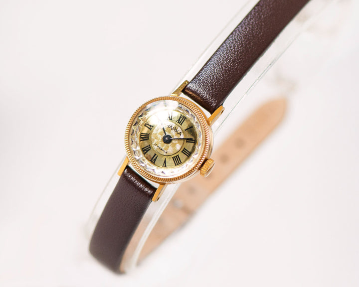 Lady wristwatch dainty tiny Roman numerals Seagull vintage, gold plated women watch classic, delicate lady watch gift, new leather strap