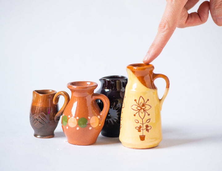 Small jars set 4 little pitchers handmade pottery home decor or accessory, Lithuanian clay pitchers native pattern glazed souvenirs gift