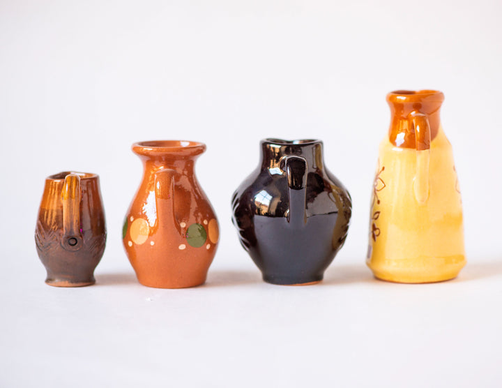 Small jars set 4 little pitchers handmade pottery home decor or accessory, Lithuanian clay pitchers native pattern glazed souvenirs gift