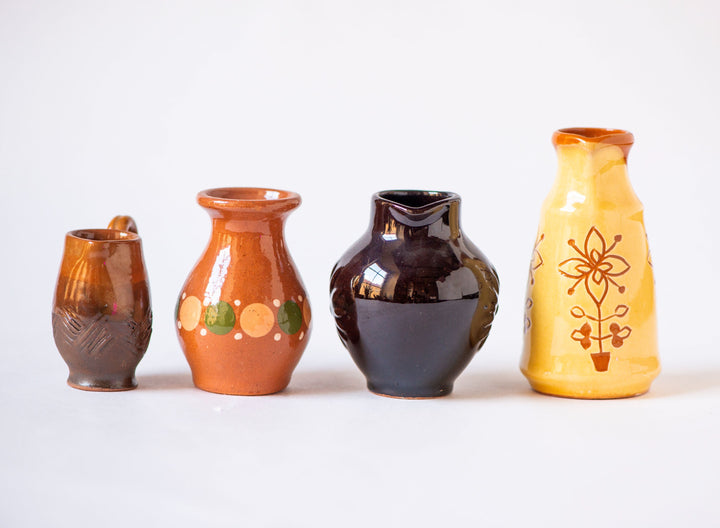 Small jars set 4 little pitchers handmade pottery home decor or accessory, Lithuanian clay pitchers native pattern glazed souvenirs gift