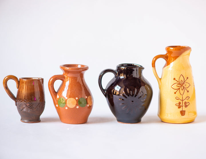 Small jars set 4 little pitchers handmade pottery home decor or accessory, Lithuanian clay pitchers native pattern glazed souvenirs gift