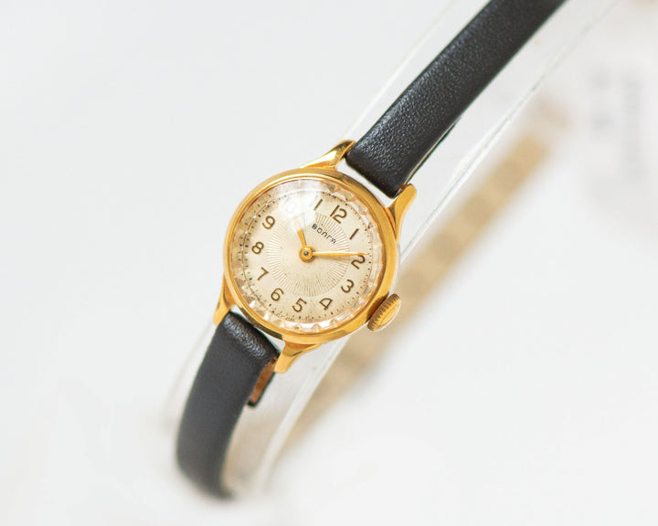 Dainty women watch Volga, lady wristwatch gold plated, small lady watch, mechanical watch, retro watch, new premium leather strap