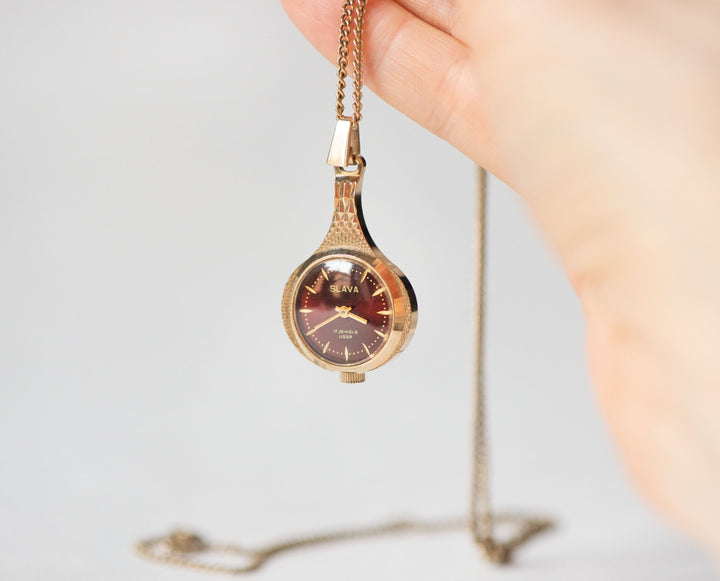 Women's watch pendant burgundy dial drop shape gold plated Glory, ladies necklace watch vintage classic, delicate lady's neck jewelry gift