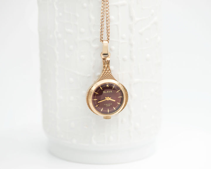 Women's watch pendant burgundy dial drop shape gold plated Glory, ladies necklace watch vintage classic, delicate lady's neck jewelry gift