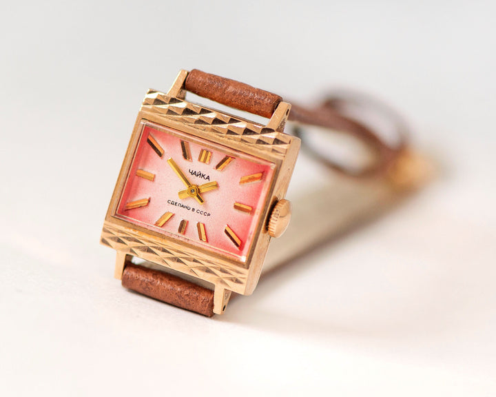 Solid gold 14K chic wristwatch for women Seagull, vintage cocktail watch square, pink dial watch minimalist jewelry new premium leather band