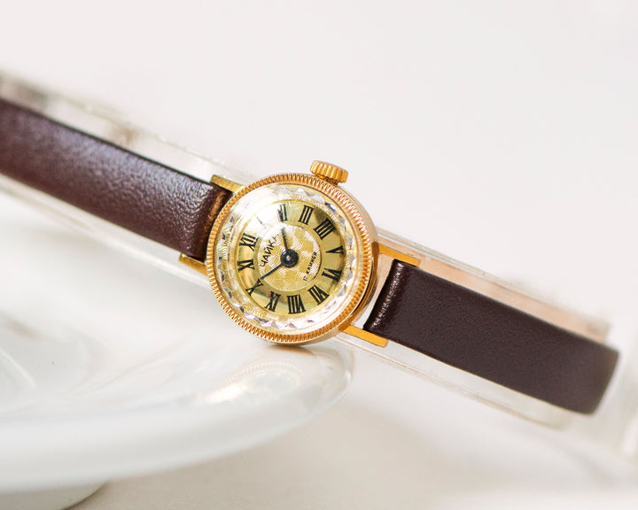 Lady wristwatch dainty tiny Roman numerals Seagull vintage, gold plated women watch classic, delicate lady watch gift, new leather strap