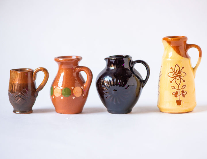 Small jars set 4 little pitchers handmade pottery home decor or accessory, Lithuanian clay pitchers native pattern glazed souvenirs gift