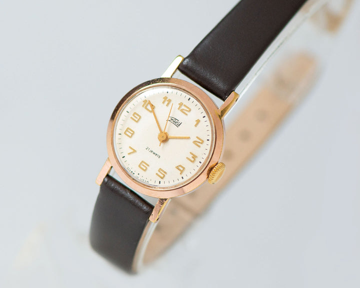 Classic women watch Dawn gold plated, shockproof lady watch vintage classic, watch for women delicate gift, new genuine leather strap