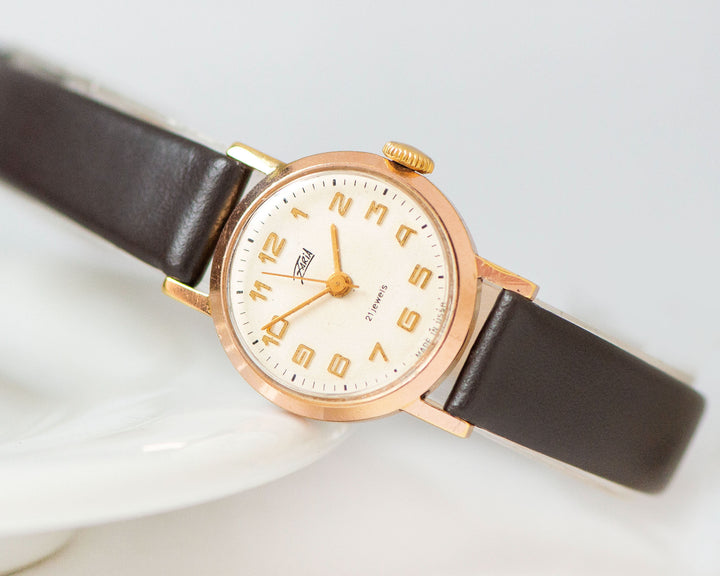 Classic women watch Dawn gold plated, shockproof lady watch vintage classic, watch for women delicate gift, new genuine leather strap