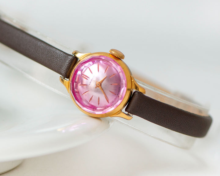 Rare women wristwatch Seagull gold plated, pink angular cover chic watch jewelry gift, micro watch small wrist, new genuine leather strap