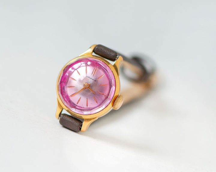 Rare women wristwatch Seagull gold plated, pink angular cover chic watch jewelry gift, micro watch small wrist, new genuine leather strap