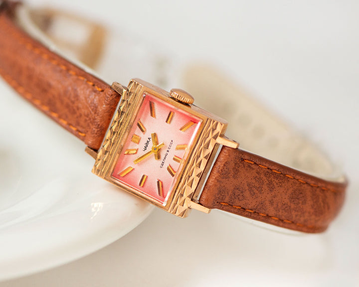 Solid gold 14K chic wristwatch for women Seagull, vintage cocktail watch square, pink dial watch minimalist jewelry new premium leather band