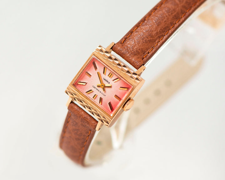 Solid gold 14K chic wristwatch for women Seagull, vintage cocktail watch square, pink dial watch minimalist jewelry new premium leather band