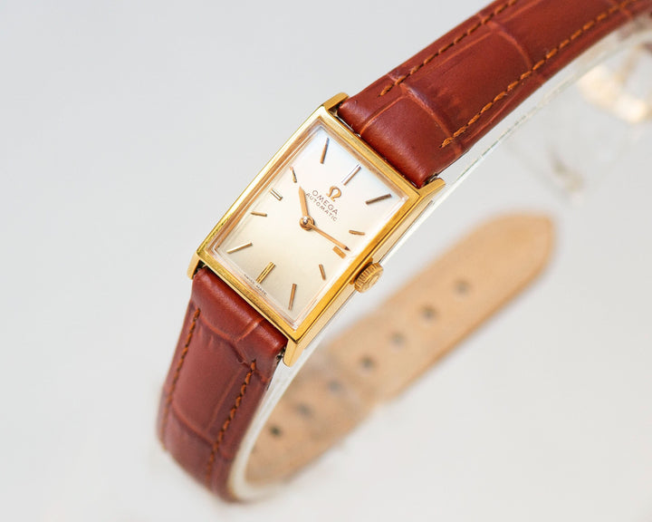 Women's watch OMEGA Automatic gold plated vintage Swiss watch Ω, tank lady wristwatch cal 660 dainty jewelry gift, new premium leather strap