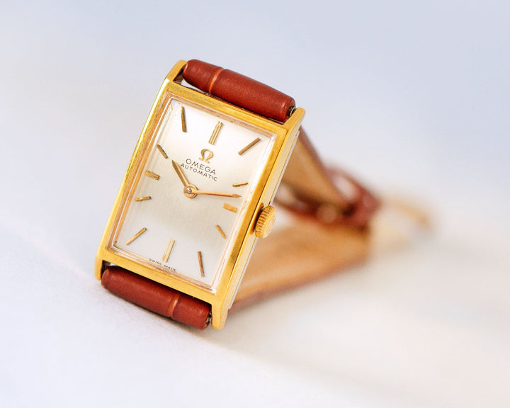 Women's watch OMEGA Automatic gold plated vintage Swiss watch Ω, tank lady wristwatch cal 660 dainty jewelry gift, new premium leather strap