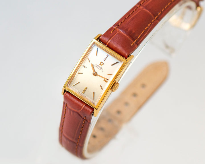 Women's watch OMEGA Automatic gold plated vintage Swiss watch Ω, tank lady wristwatch cal 660 dainty jewelry gift, new premium leather strap