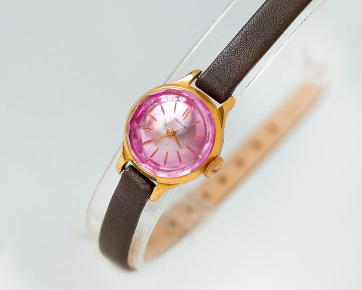 Rare women wristwatch Seagull gold plated, pink angular cover chic watch jewelry gift, micro watch small wrist, new genuine leather strap