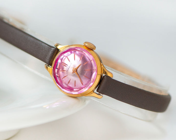 Rare women wristwatch Seagull gold plated, pink angular cover chic watch jewelry gift, micro watch small wrist, new genuine leather strap