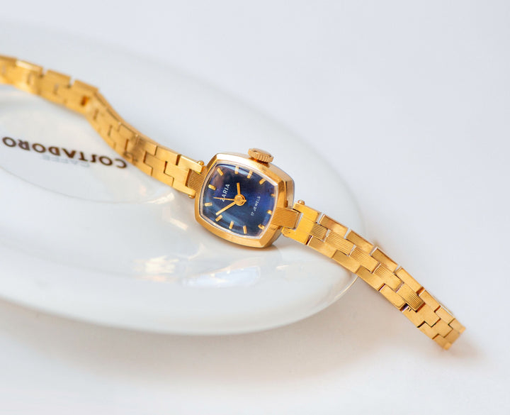 Limited edition cocktail wristwatch Dawn square, blue dial lady watch gold plated, vintage lady watch bracelet chic jewelry graduation gift