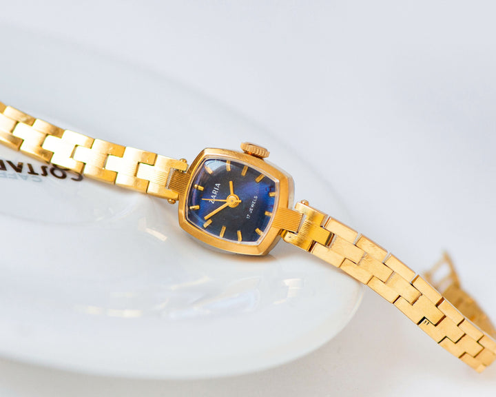 Limited edition cocktail wristwatch Dawn square, blue dial lady watch gold plated, vintage lady watch bracelet chic jewelry graduation gift