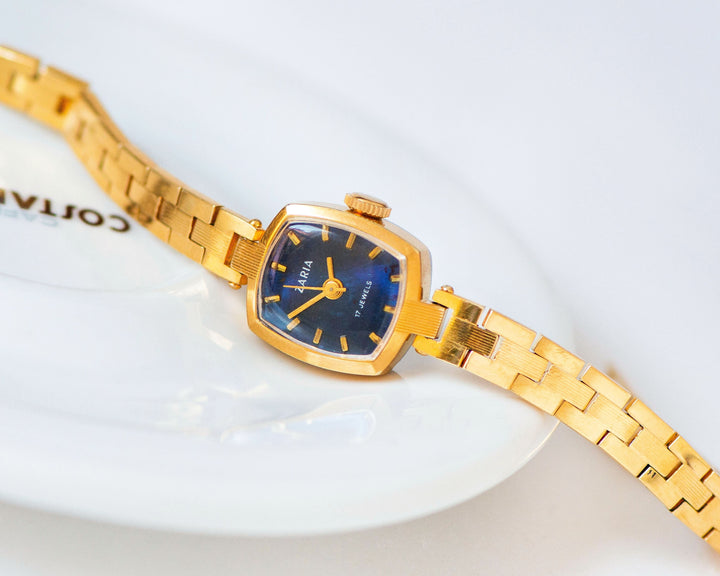 Limited edition cocktail wristwatch Dawn square, blue dial lady watch gold plated, vintage lady watch bracelet chic jewelry graduation gift