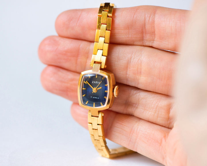 Limited edition cocktail wristwatch Dawn square, blue dial lady watch gold plated, vintage lady watch bracelet chic jewelry graduation gift