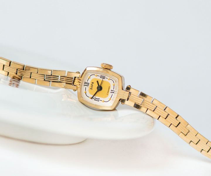 Gold plated cocktail watch bracelet Dawn gift vintage, delicate rectangular women wrist watch Roman numerals dial watch jewelry accessory