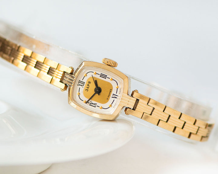 Gold plated cocktail watch bracelet Dawn gift vintage, delicate rectangular women wrist watch Roman numerals dial watch jewelry accessory