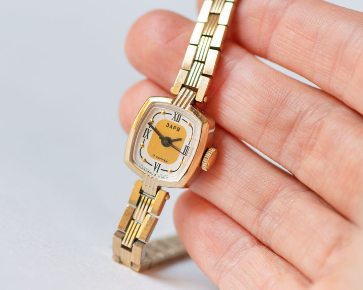 Gold plated cocktail watch bracelet Dawn gift vintage, delicate rectangular women wrist watch Roman numerals dial watch jewelry accessory