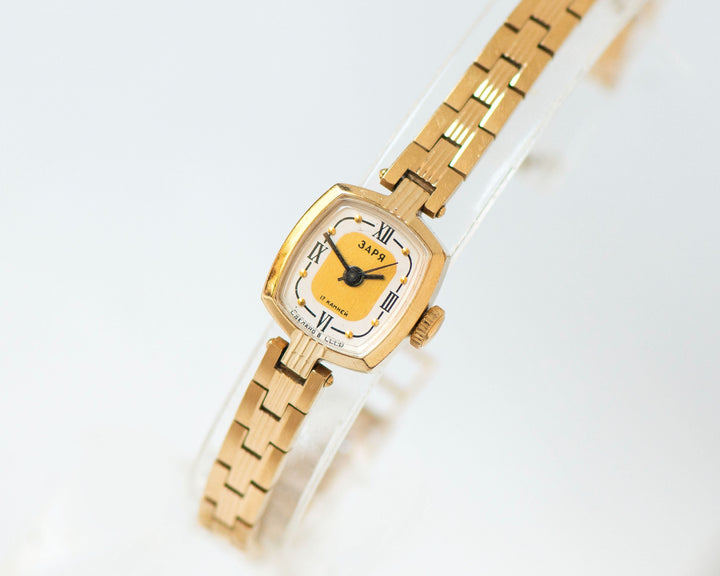 Gold plated cocktail watch bracelet Dawn gift vintage, delicate rectangular women wrist watch Roman numerals dial watch jewelry accessory