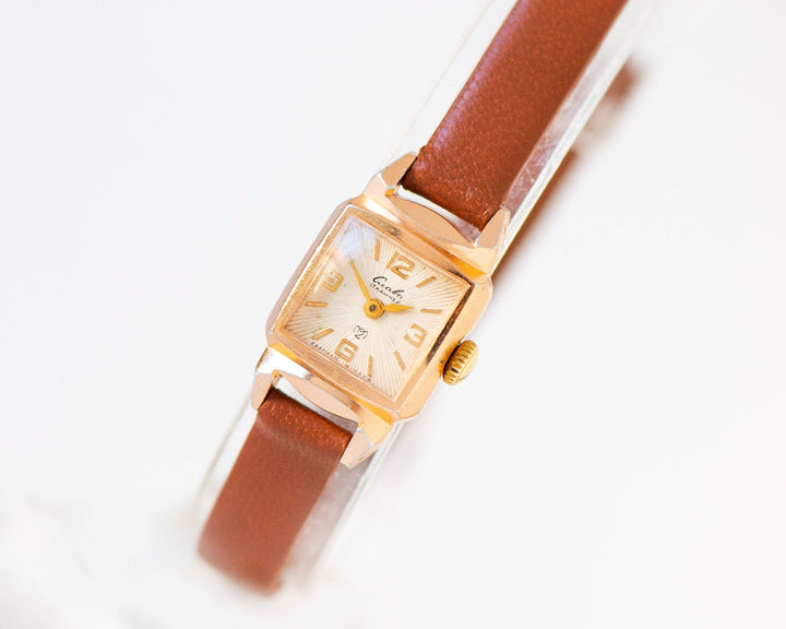 Women watch Glory square retro, vintage ladies wristwatch gold shade, art deco style rare jewelry sunburst dial, new premium leather strap