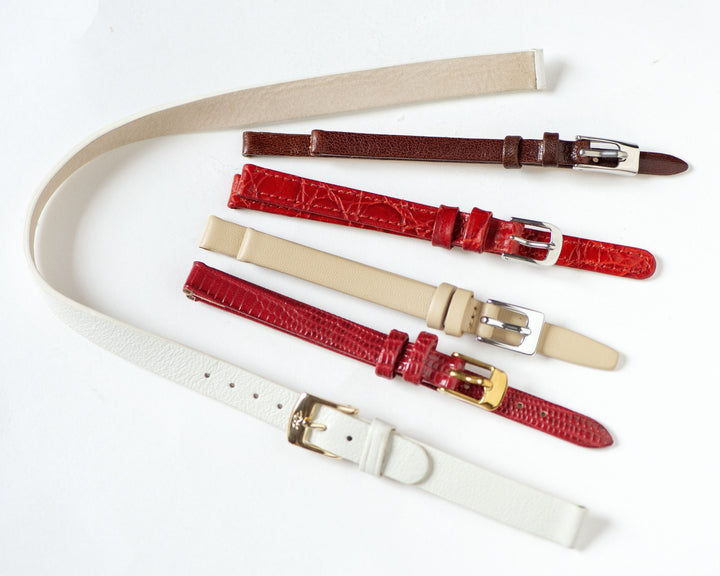 Genuine leather watch strap for women brown 6mm 8mm, red thin band nude beige width 8mm the buckle silver gold shade, white leather 10 mm