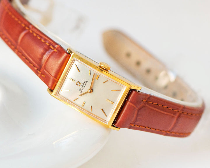 Women's watch OMEGA Automatic gold plated vintage Swiss watch Ω, tank lady wristwatch cal 660 dainty jewelry gift, new premium leather strap