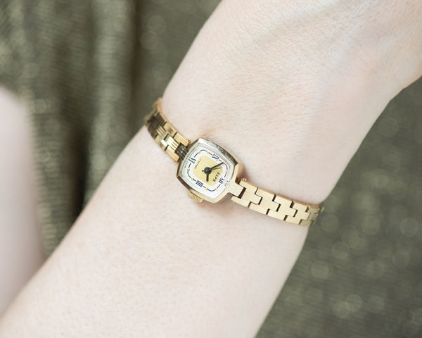 Gold plated cocktail watch bracelet Dawn gift vintage, delicate rectangular women wrist watch Roman numerals dial watch jewelry accessory