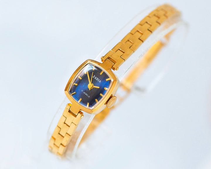 Limited edition cocktail wristwatch Dawn square, blue dial lady watch gold plated, vintage lady watch bracelet chic jewelry graduation gift