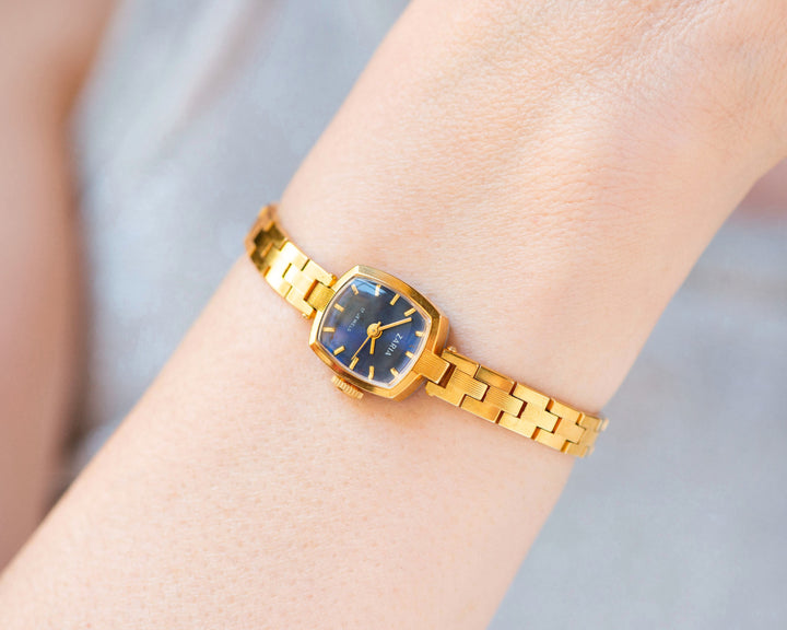 Limited edition cocktail wristwatch Dawn square, blue dial lady watch gold plated, vintage lady watch bracelet chic jewelry graduation gift