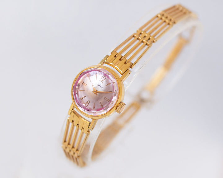 Gold plated cocktail watch for women pink cover, retro women watch Seagull tiny vintage rare design watch classic jewelry bride gift