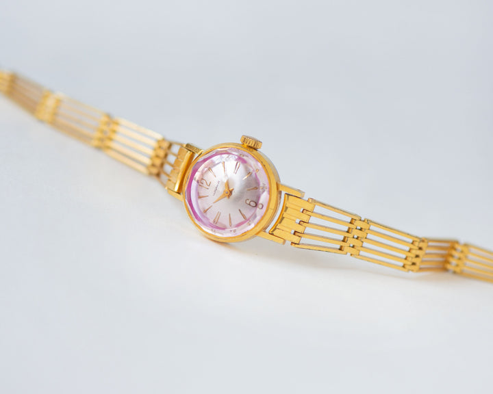 Gold plated cocktail watch for women pink cover, retro women watch Seagull tiny vintage rare design watch classic jewelry bride gift