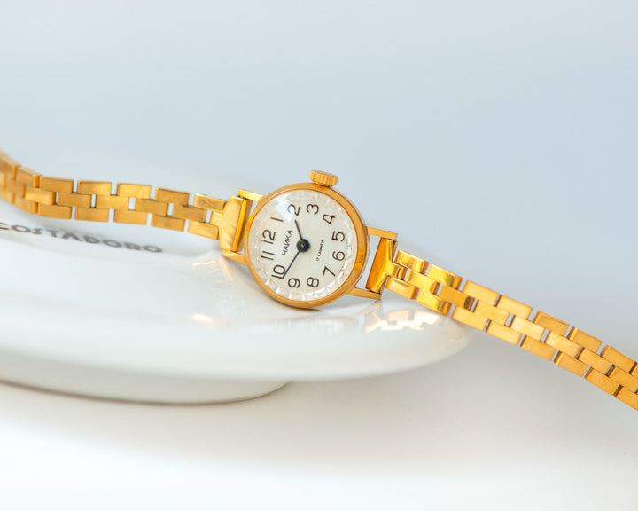 Delicate cocktail watch for women Seagull gold plated, simple classic ladies jewelry gift, micro watch small wrist, slim bracelet classic