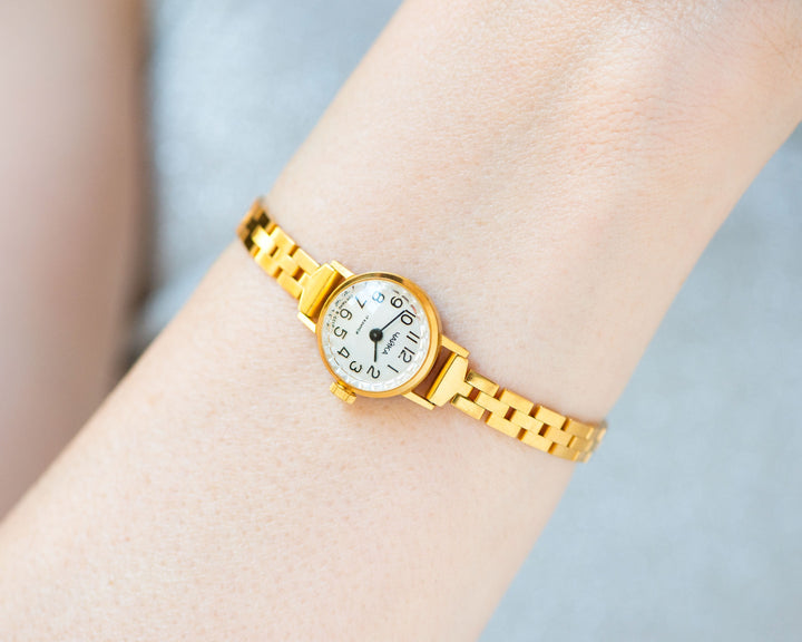 Delicate cocktail watch for women Seagull gold plated, simple classic ladies jewelry gift, micro watch small wrist, slim bracelet classic