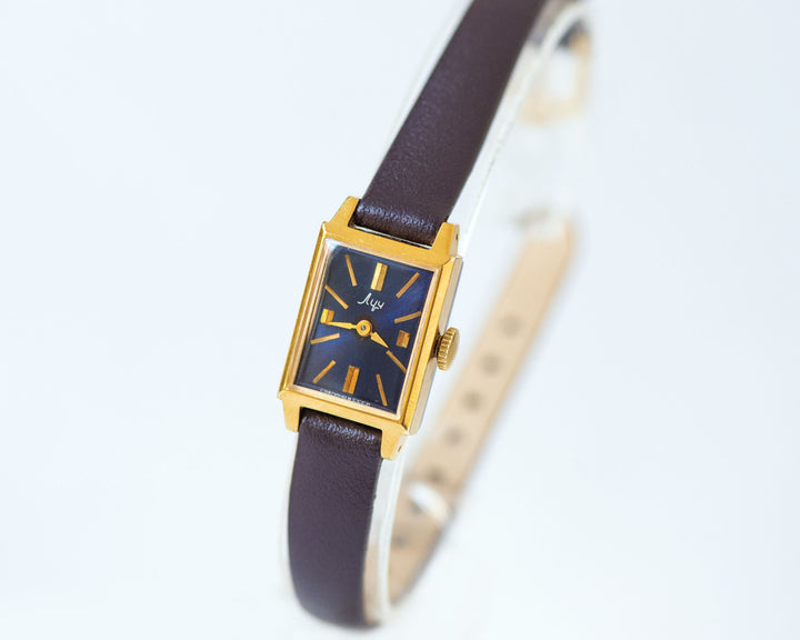 Small women watch rectangular Ray gold plated, navy blue dial women watch vintage gift, lady watch minimalist, new premium leather strap