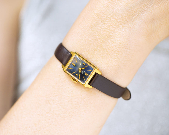 Small women watch rectangular Ray gold plated, navy blue dial women watch vintage gift, lady watch minimalist, new premium leather strap