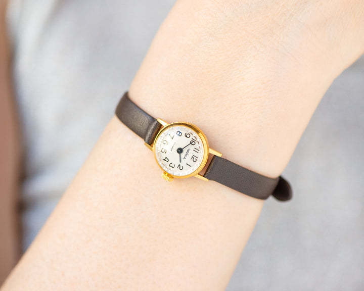 Delicate cocktail watch for women Seagull gold plated, simple classic ladies jewelry gift, micro watch small wrist, slim bracelet classic