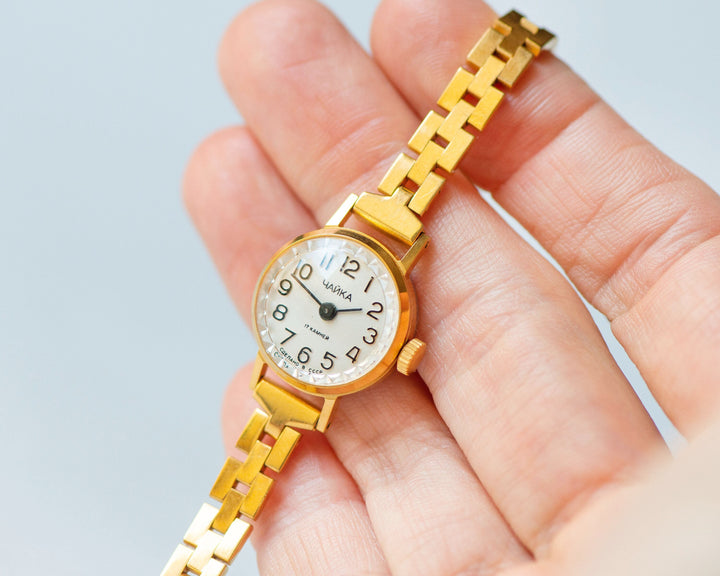 Delicate cocktail watch for women Seagull gold plated, simple classic ladies jewelry gift, micro watch small wrist, slim bracelet classic