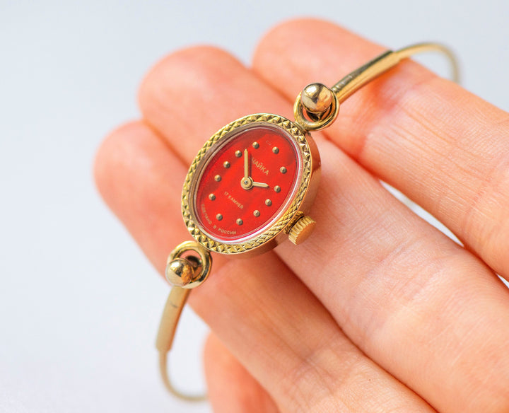 Women cocktail watch bracelet Seagull, lady watch red tiny gold shade vintage, oval classic lady watch tiny bangle, delicate watch gift