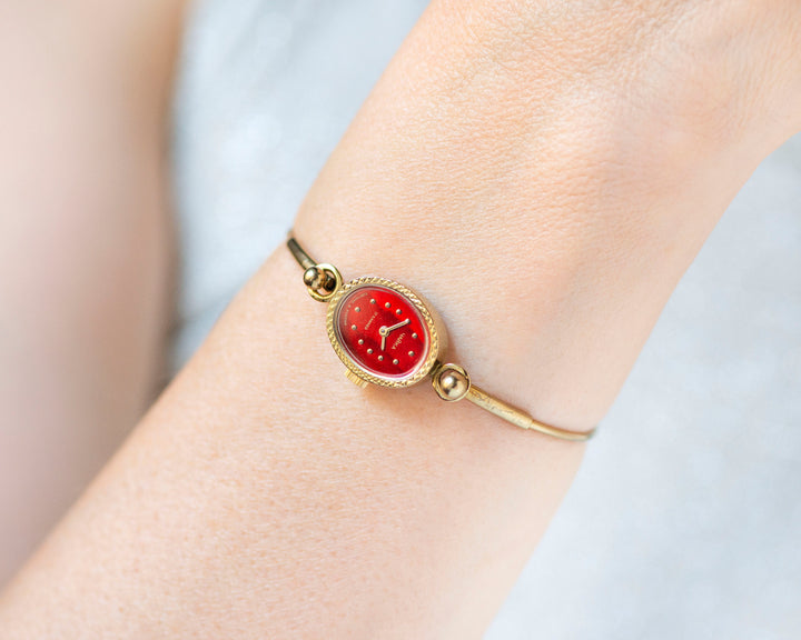 Women cocktail watch bracelet Seagull, lady watch red tiny gold shade vintage, oval classic lady watch tiny bangle, delicate watch gift