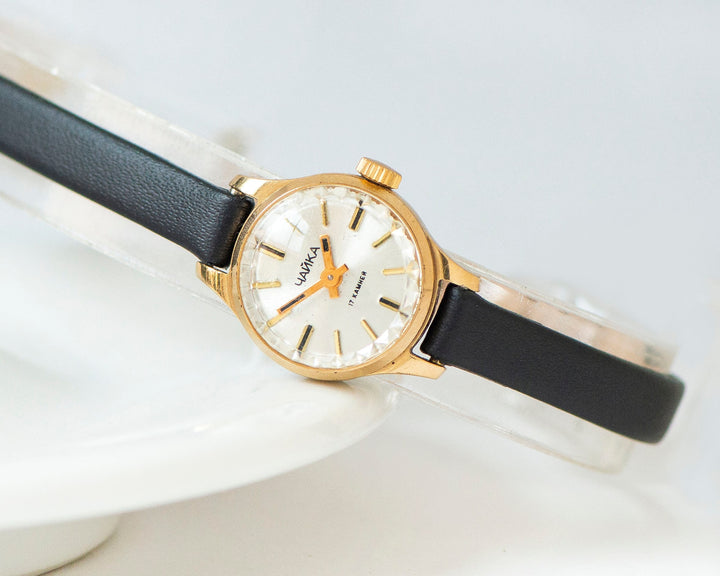 Micro watch for women gold plated minimalist Seagull vintage, delicate lady wristwatch jewelry gift classic tiny, new genuine leather strap