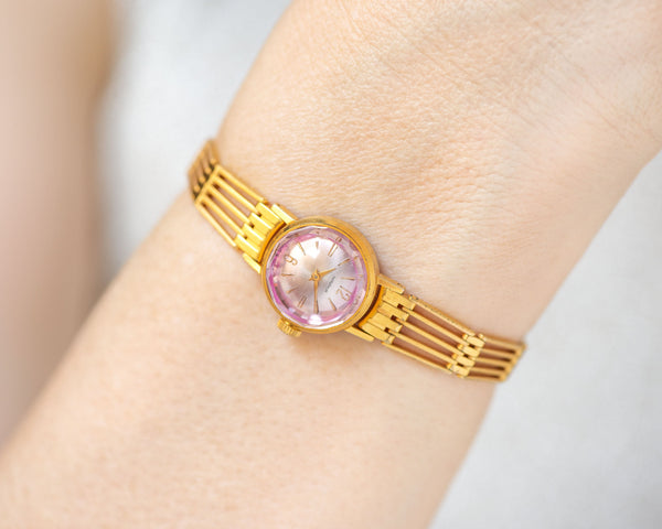 Gold plated cocktail watch for women pink cover, retro women watch Seagull tiny vintage rare design watch classic jewelry bride gift