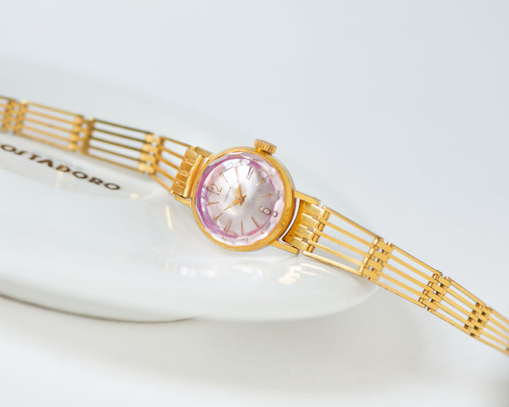 Gold plated cocktail watch for women pink cover, retro women watch Seagull tiny vintage rare design watch classic jewelry bride gift