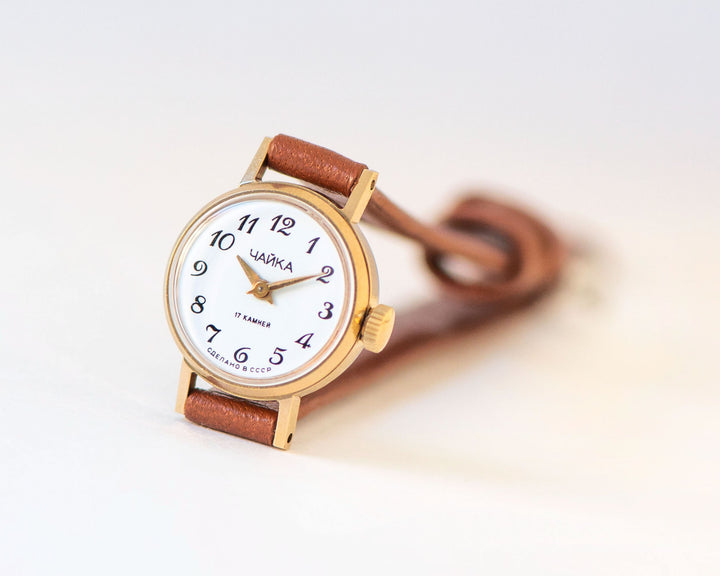 Unused lady wristwatch micro size Seagull gold plated, women watch classic jewelry vintage tiny gift, new premium leather strap OneEraLate